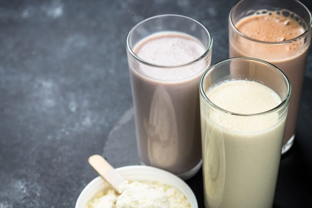 Protein cocktails in glasses, sport nutrition.